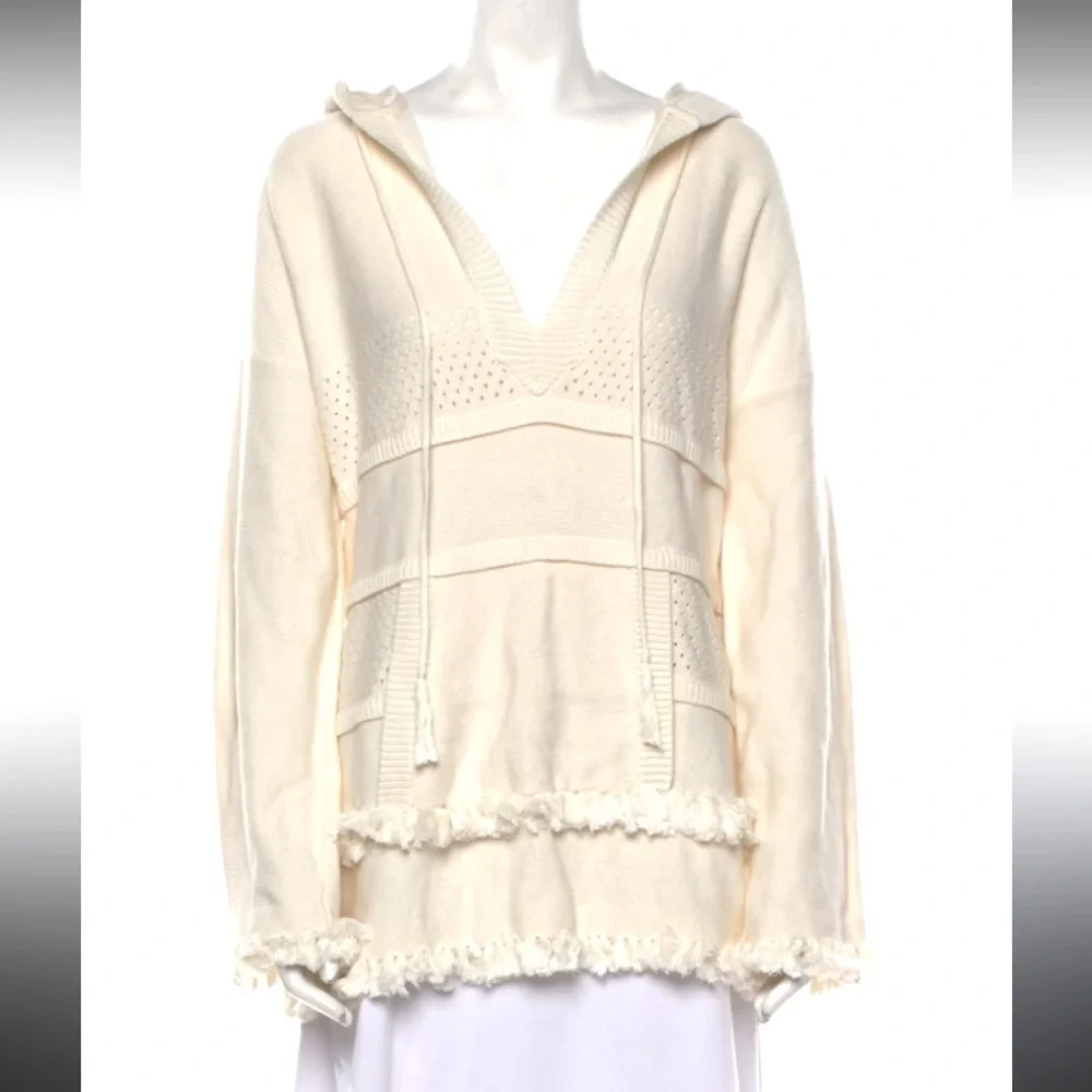 TORY BURCH Cream Baja Hooded Knit Tunic Sweater XS winter casual classic $300